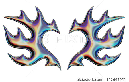 3D flame in the shape of wings and a heart. Trendy Y2K element. Iridescent colorful burning fire shape with glossy gradient effect. 3D render. Isolated illustration 112665951