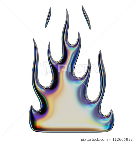 3D flame. Trendy Y2K element. Iridescent colorful burning fire shape with glossy gradient effect. 3D render. Isolated illustration 3D flame. Trendy Y2K element. Iridescent colorful burning fire shape with glossy gradient effect. 3D render. Isolated illustration 112665952