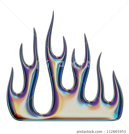 3D flame. Trendy Y2K element. Iridescent colorful burning fire shape with glossy gradient effect. 3D render. Isolated illustration 3D flame. Trendy Y2K element. Iridescent colorful burning fire shape with glossy gradient effect. 3D render. Isolated illustration 112665953