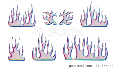 3D flames. Set of trendy Y2K elements. Chrome burning fire shapes with glossy liquid metal effect. 3D render. Isolated illustrations 3D flames. Set of trendy Y2K elements. Chrome burning fire shapes with glossy liquid metal effect. 3D render. Isolated illustrations 112665972