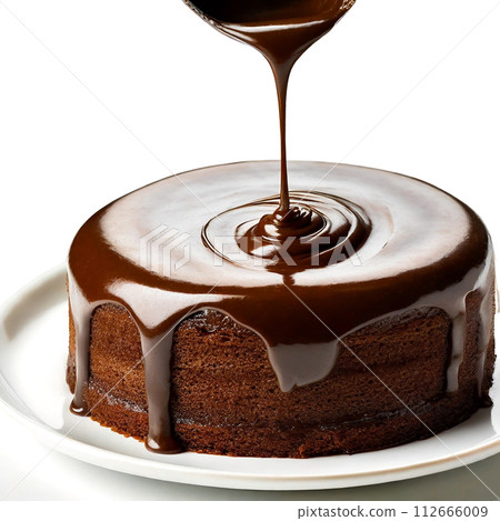 The moment when melted chocolate is poured on a rich chocolate cake 112666009