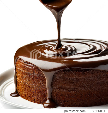 The moment when melted chocolate is poured on a rich chocolate cake The moment when melted chocolate is poured on a rich chocolate cake 112666011