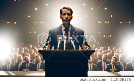 Speaker on the Podium Giving a Speech. Politician Delivering Speech at Campaign Rally 112666156