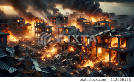 Ruined Buildings in Flames. War Conflict Scene. 112666158