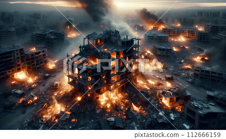 Devastated Urban Landscape after Battle. War Conflict Scene with Ruins, Flames and Smoke 112666159