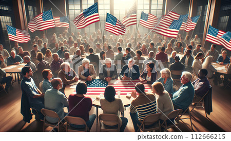 Diverse Voters Engage in Community Meeting Under American Flags Diverse Voters Engage in Community Meeting Under American Flags 112666215