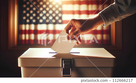 Voter Participation at the Ballot Box with American Flag Backdrop Voter Participation at the Ballot Box with American Flag Backdrop 112666217