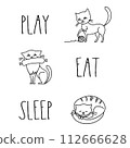 Funny card with doodle cats and phrase- play,eat and sleep. 112666628