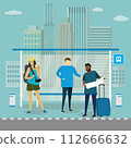 Modern public transport stop and different people travellers 112666632
