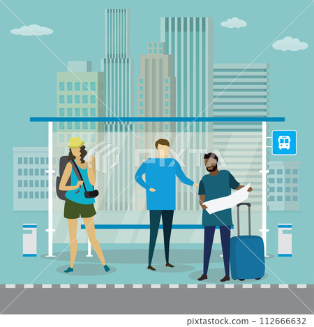 Modern public transport stop and different people travellers Modern public transport stop and different people travellers 112666632