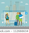 Modern public transport stop and different people travellers 112666634