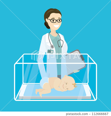 Caucasian female pediatrician doctor little newborn baby, Caucasian female pediatrician doctor little newborn baby, 112666667