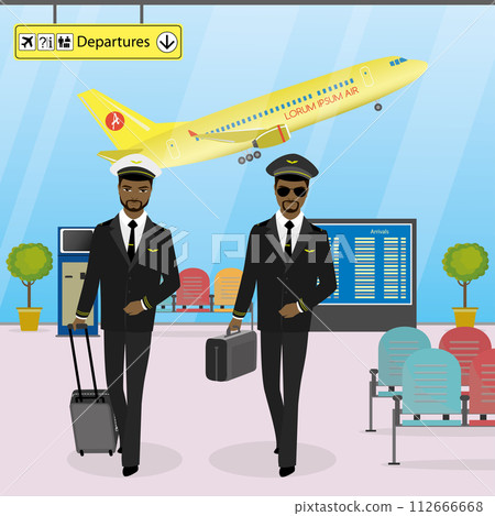Cabin crew walks on an modern airport with luggage,pilots in uniform, 112666668