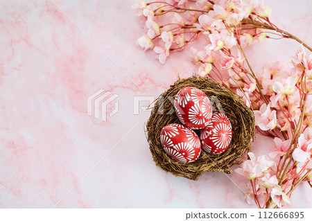 Red Easter Eggs on marble background. Happy Easter Red Easter Eggs on marble background. Happy Easter 112666895