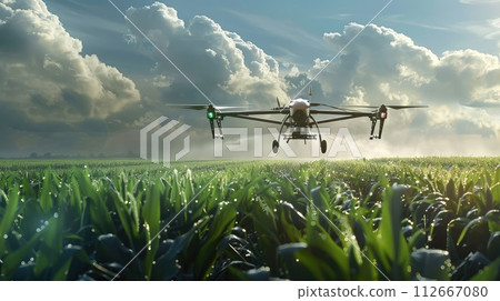 An agricultural drone flies to spray fertilizers in the fields Job 112667080