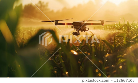 An agricultural drone flies to spray fertilizers in the fields Job at sunset 112667103