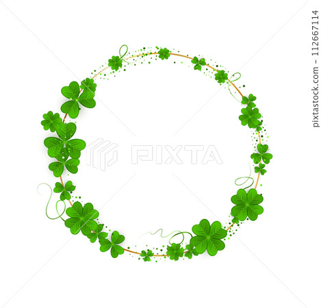 Realistic shamrock wreath. Round Clover frame. Green leaves floral garland. Trefoil border. Realistic shamrock wreath. Round Clover frame. Green leaves floral garland. Trefoil border. 112667114