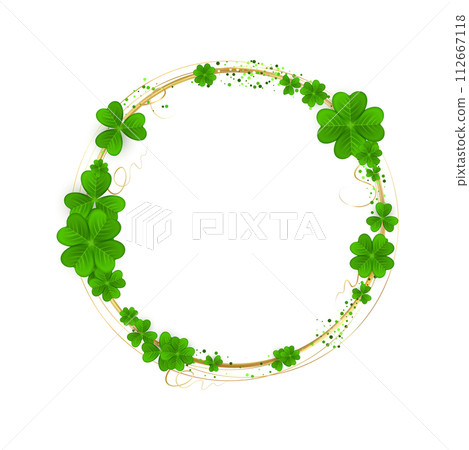 Realistic shamrock wreath. Round Clover frame. Green leaves floral garland. Trefoil border. 112667118