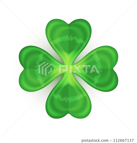 Realistic shamrock icon. Clover four leaves logo. Green floral sticker Realistic shamrock icon. Clover four leaves logo. Green floral sticker 112667137