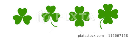 Flat shamrock icons set. Clover three and four leaves logo. Green floral symbol. Flat shamrock icons set. Clover three and four leaves logo. Green floral symbol. 112667138