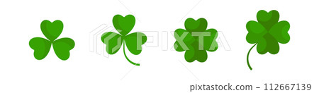 Flat shamrock icons set. Clover three and four leaves logo. Green floral symbol. Flat shamrock icons set. Clover three and four leaves logo. Green floral symbol. 112667139