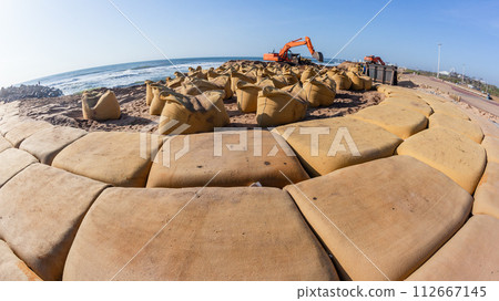 Beach Ocean Protection Sand Bags Coastline Beach Ocean Protection Sand Bags Coastline 112667145