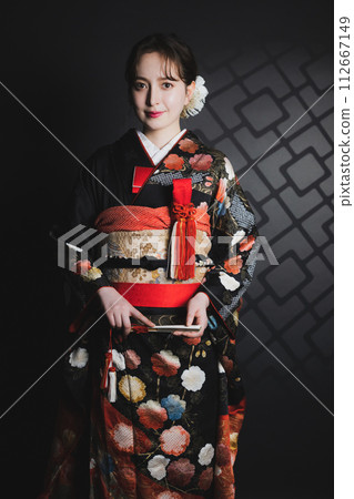 Black long-sleeved kimono, black long-sleeved kimono, bridal costume Black long-sleeved kimono, black long-sleeved kimono, bridal costume 112667149