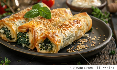 Turkish borek rolls with spinach and cheese. 112667173