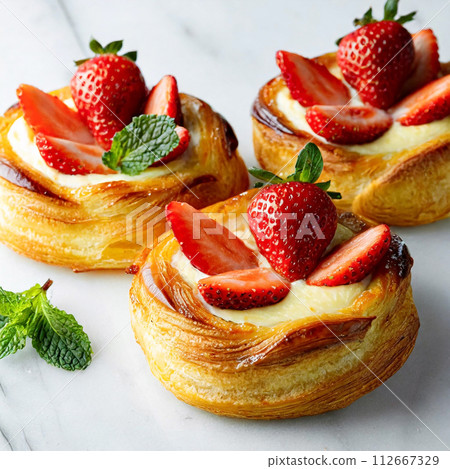Danish pastry topped with strawberries and custard cream 112667329