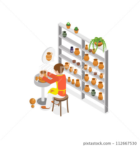 3D Isometric Flat Vector Illustration of Pottery Making, Ceramic Craft Master. Item 1 112667530