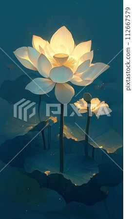 ollection of stylized lotus flowers and petals in shades of pink and red, showcasing various stages of blooming 112667579