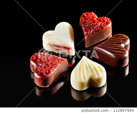 Heart-shaped red chocolate assortment black background Heart-shaped red chocolate assortment black background 112667984