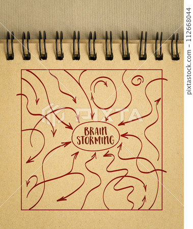 brainstorming concept with arrows representing thoughts, ideas, inputs and feedbacks, sketch in a spiral notebook brainstorming concept with arrows representing thoughts, ideas, inputs and feedbacks, sketch in a spiral notebook 112668044