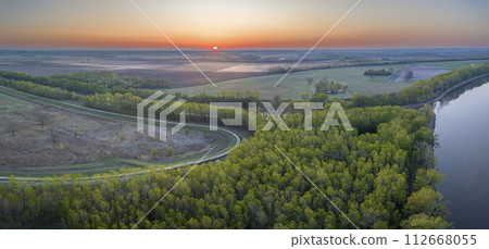 spring sunrise over the Missouri River and Chariton River at Dalton Bottoms - aerial view spring sunrise over the Missouri River and Chariton River at Dalton Bottoms - aerial view 112668055