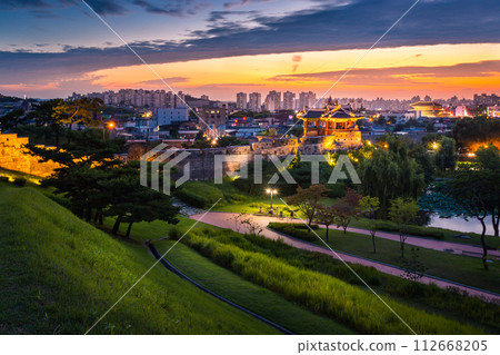 Old city wall at Hwaseong Fortress after Sunset, Traditional Architecture of Korea at Suwon, South Korea. Old city wall at Hwaseong Fortress after Sunset, Traditional Architecture of Korea at Suwon, South Korea. 112668205
