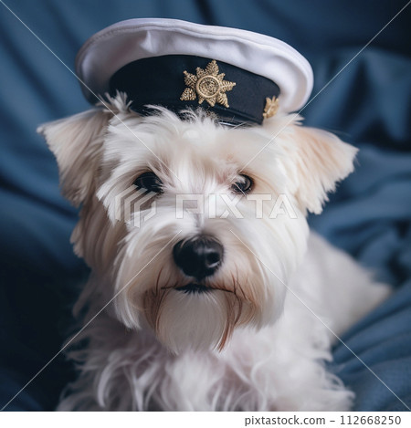West Highland White Terrier, small fluffy white dog wearing a white sailor's cap, close-up portrait on black, cute pet 112668250