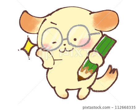 Puppy wearing glasses and holding a pencil Puppy wearing glasses and holding a pencil 112668335