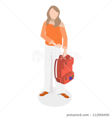 3D Isometric Flat Vector Illustration of People With Backpacks, Set of College Students. Item 1 3D Isometric Flat Vector Illustration of People With Backpacks, Set of College Students. Item 1 112668400