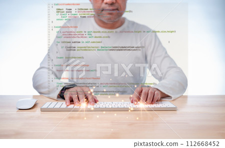 programmer coding, compiler, encode, debug, and developer application software for business corporate with laptop computer. Man programming coding web app from work at home, code show screen monitor 112668452