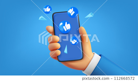 Man holding mobile phone with likes. Social media concept. 3d vector illustration 112668572