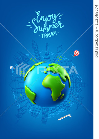 Enjoy summer travel concept with the Earth and sights. 3d vector illustration with calligraphic logo 112668574