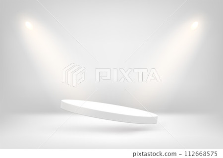 White interior with spot lights and flying empty pedestal. 3d vector illustration 112668575