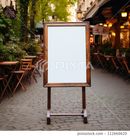 Blank white outdoor sandwich board. Blank outdoor advertising stand. Street signage board placed by an outdoor dinning area of a restaurant. 112668620