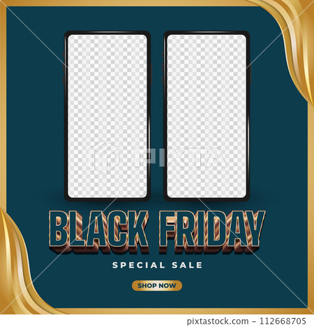 Black Friday sale banner with smartphone and gold object on blue background 112668705