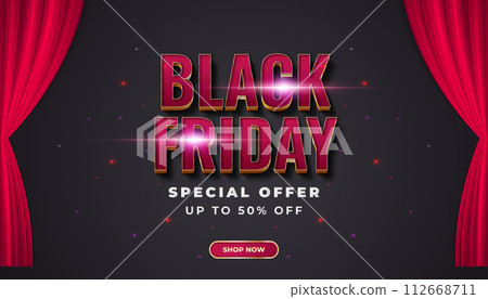 Black Friday banner template with elegant 3d text and red curtains Black Friday banner template with elegant 3d text and red curtains 112668711
