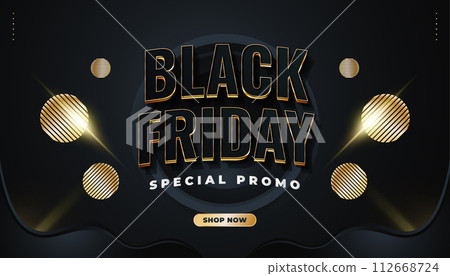 Black Friday promotional sale banner with abstract object in black and gold concept Black Friday promotional sale banner with abstract object in black and gold concept 112668724