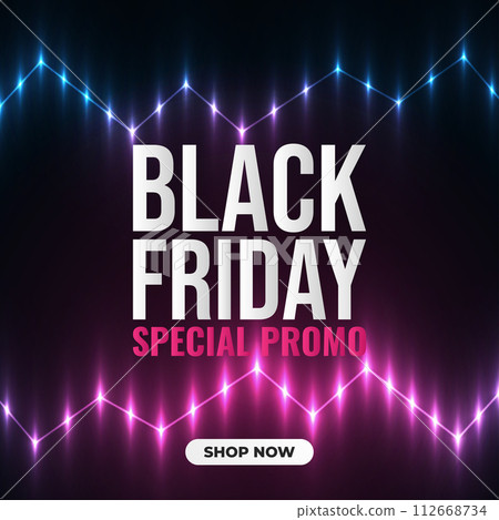Black Friday sale banner with colorful glowing lights on dark background 112668734
