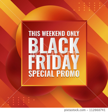 Black Friday sale promotion banner with 3d balls on orange gradient background 112668741