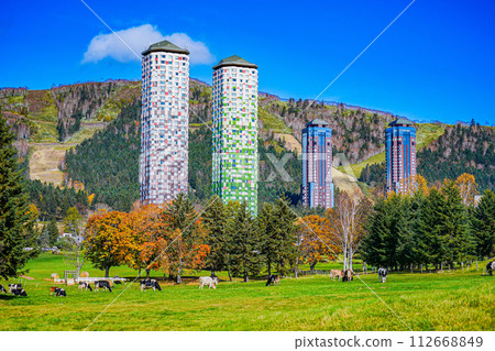 Modern twin towers and autumn leaves Modern twin towers and autumn leaves 112668849
