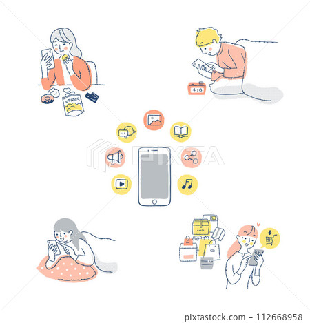 多名男性和女性查看智慧型手機的變體集 多名男性和女性查看智慧型手機的變體集 112668958